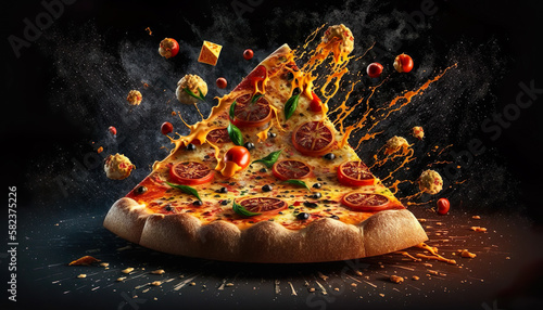Hot Exploding Pizza, Flying Topings Food Design - Generative AI