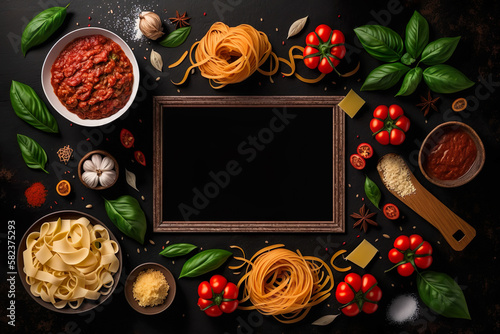 Spaghetti Bolognese Italian Food Background With Centered Copy Space Frame - Generative AI