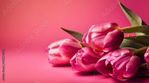 tulips flower on pink background. Generative AI 