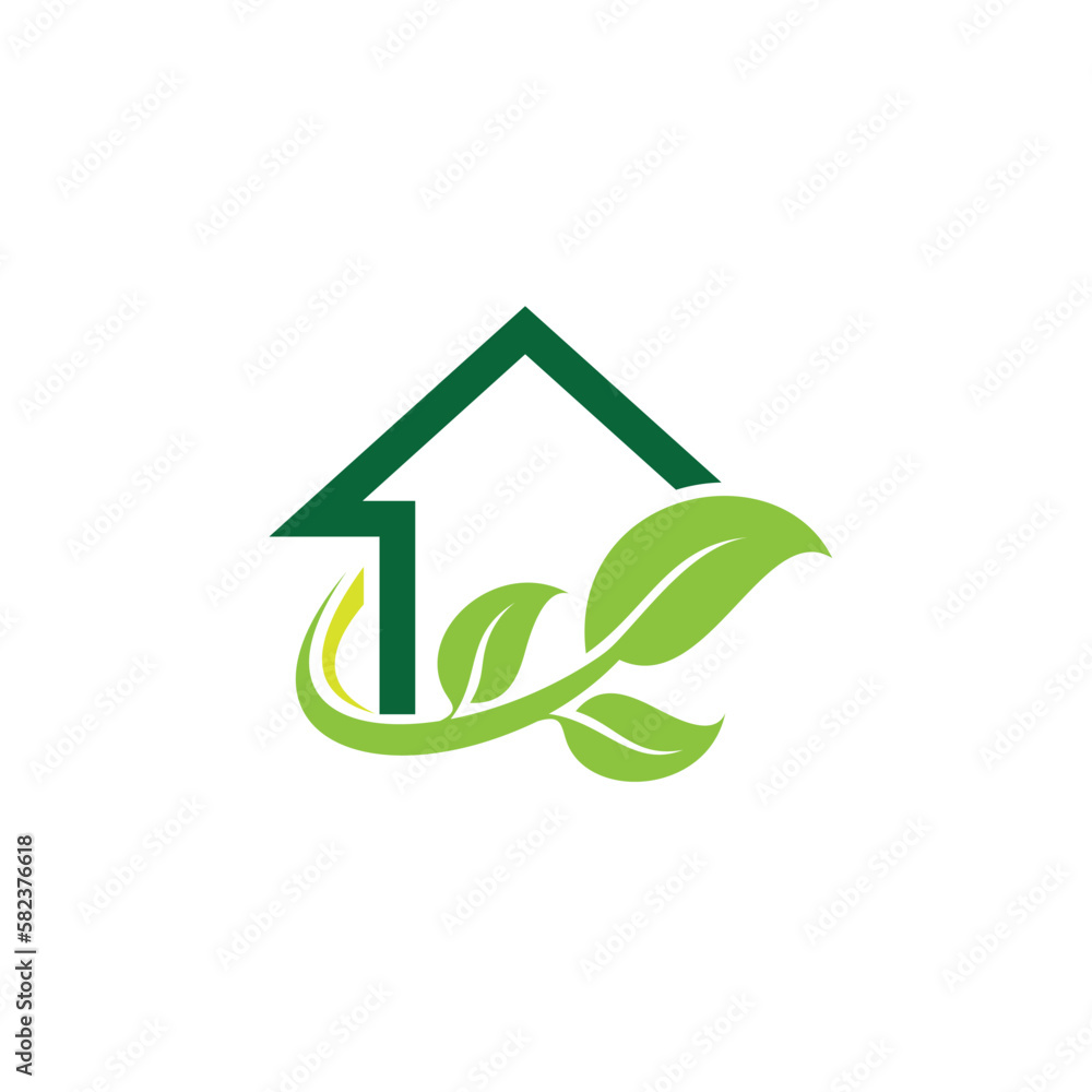 Leaf and house logo concept with line art style. Real estate / environment design template. Vector Illustration Leaf and house logo concept with line art style. Real estate / environment design template. Vector Illustration