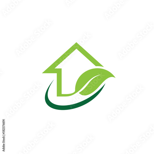 Leaf and house logo concept with line art style. Real estate / environment design template. Vector Illustration
