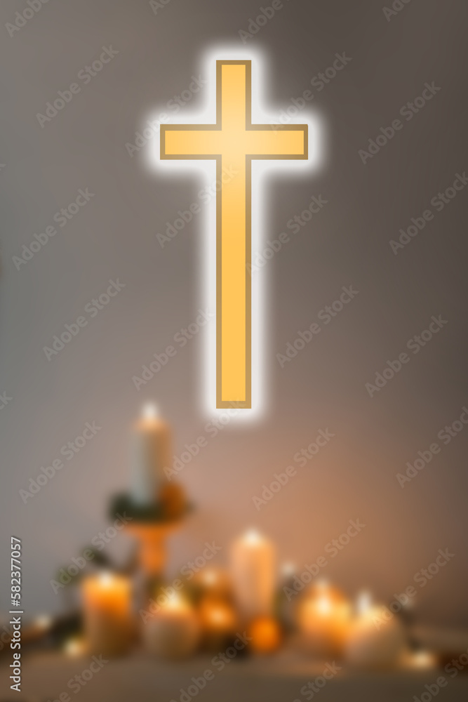 Obraz na płótnie Zmartwychwstanie pańskie, krzyż i świece - symbole religijne i modlitwa w salonie
