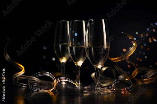 glasses of champagne with golden confetti. Generative AI	