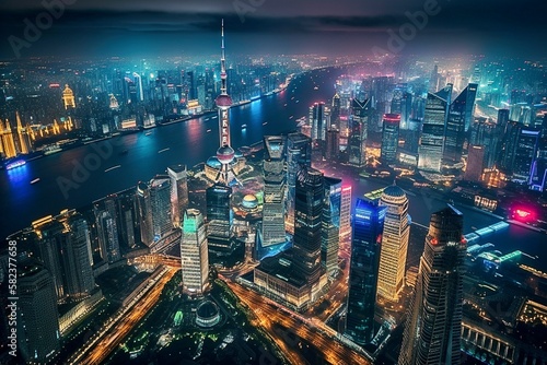 Shanghai's Futuristic Skyline at Night: High-Rise Buildings and Dazzling Lights, Generative AI