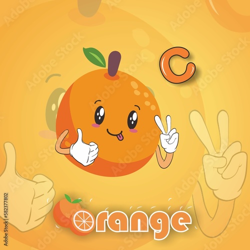 Animated image of an orange having vitamin c, with an orange background and orange letters underneath.
