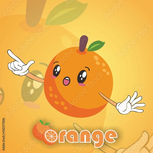 Animated image of an orange looking at something in awe, with an orange background and orange letters underneath.