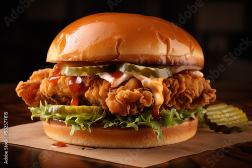 Fried chicken sandwich with all the fixings on cutting board