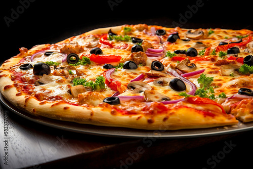 Pizza showcased on wooden table