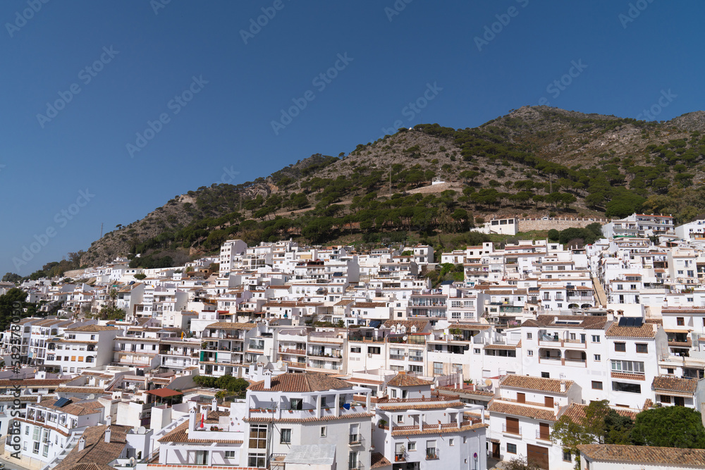 White Spanish pueblo blanco Mijas village Spain houses on hillside in the historic town in Andalusia