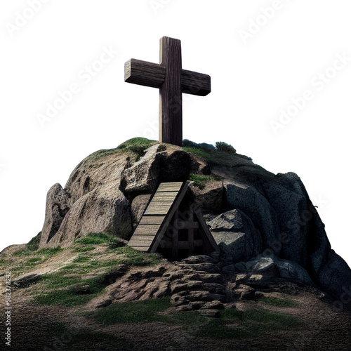 crucifix. wooden cross mounted on the hill of earth and stone. isolated on blank background PNG