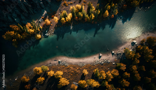 a picturesque drone photo of a river and forests. colorful colors and a cinematic shot