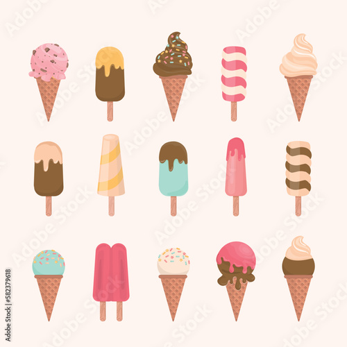 ice cream cone and bar. pastel and colorful icecream isolate on pink. vector illustration