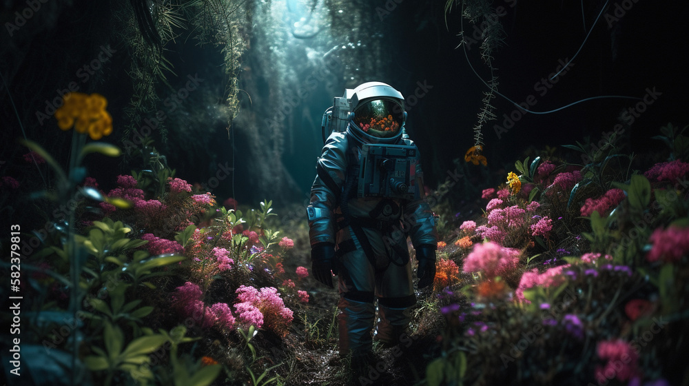 An astronaut standing in the jungle surrounded by flowers. Surreal psychedelic wallpaper. AI - obrazy, fototapety, plakaty 