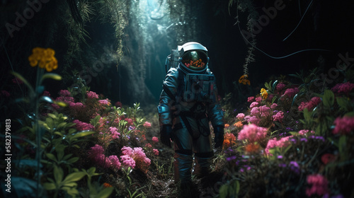 An astronaut standing in the jungle surrounded by flowers. Surreal psychedelic wallpaper. AI