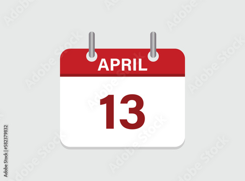 13th April calendar icon. Calendar template for the days of April. Red banner for dates and business.