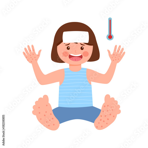 Girl child with hand foot mouth disease in flat design on white background.