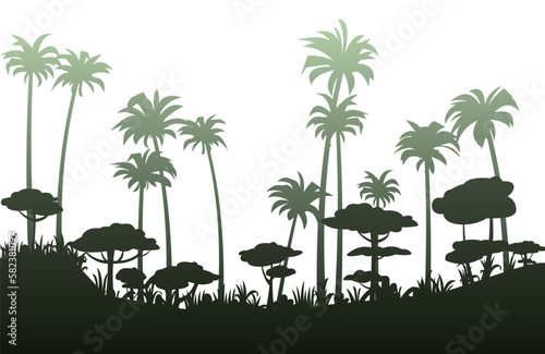 Beautiful palm trees silhouette. Tropical forest. Dense jungle with big trees. Thickets of plants. Cartoon fun style. Isolated on white background. Flat design. Vector