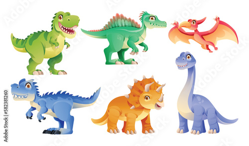 Set of cute dinosaur characters in cartoon style