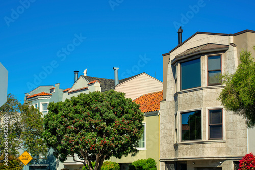 Row of modern houses or townhomes in downtown city historic districts of suburban san francisco california