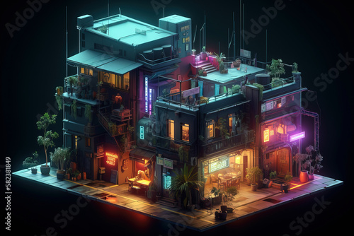 Dark urban cyberpunk city area at night, Isometric view. Glowing streets. Digitally generated AI image