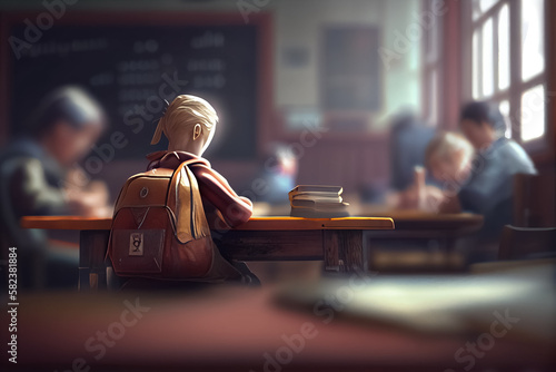 illustration of outcast student in shool sitting alone . AI photo