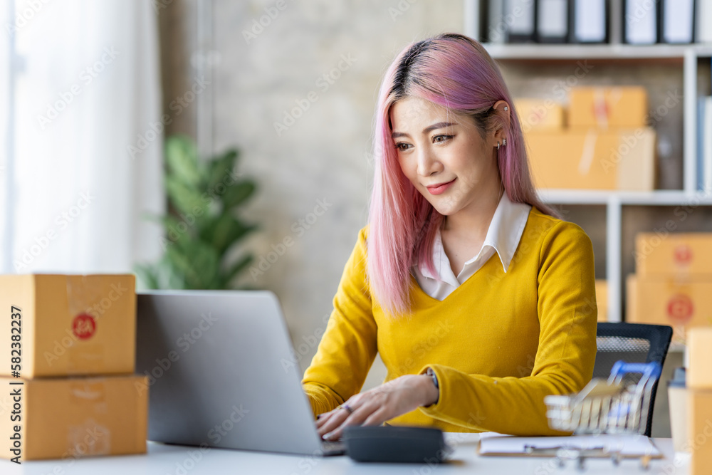 Portrait of a young Asian businesswoman sitting at a desk in an office recording data on a laptop. financial calculation and online delivery orders. Portrait of a young Asian businesswoman sitting at a desk in an office recording data on a laptop. financial calculation and online delivery orders.