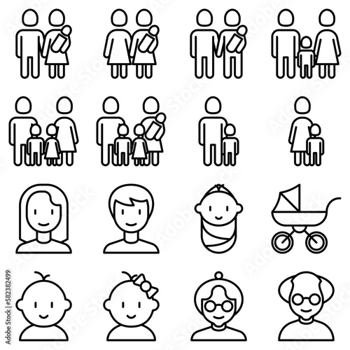 Family thin line icons set: mother, father, newborn, son, daughter, lesbian, gay, single mother and child, grandmother, grandfather. Modern vector illustration.
