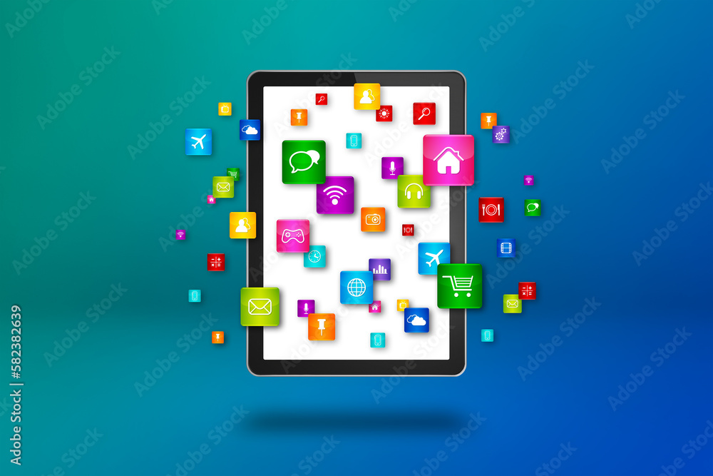 Flying icons around a tablet PC. Cloud computing concept Flying icons around a tablet PC. Cloud computing concept