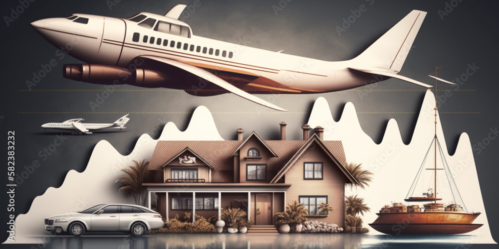 house, yacht, airplane and car with graph, idea for investment theme. Generated AI