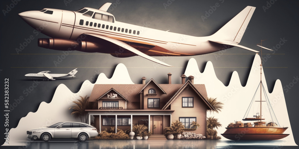 house, yacht, airplane and car with graph, idea for investment theme. Generated AI house, yacht, airplane and car with graph, idea for investment theme. Generated AI