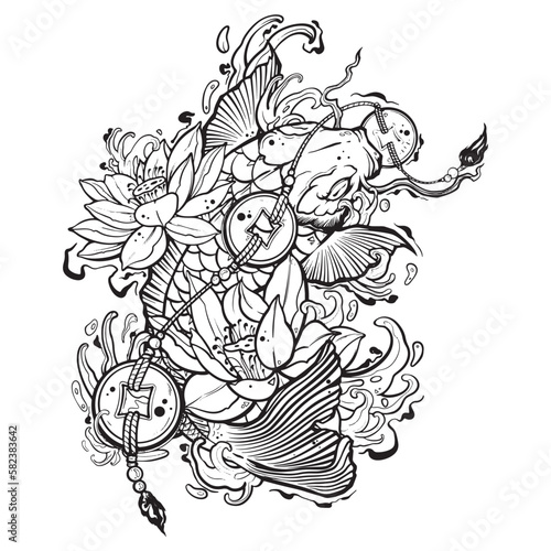 Black tattoo koi fish on white background