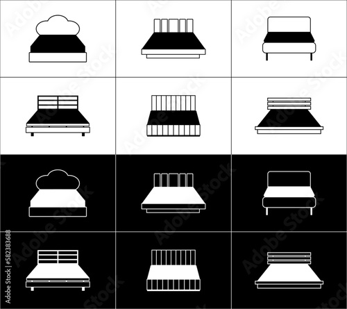Set of six furniture icons. Beds. White on a black background and black on a white background.