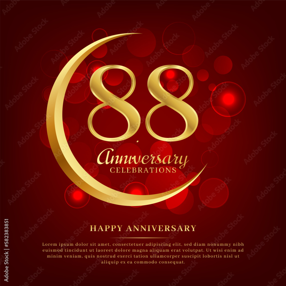 88 years anniversary with golden moon and red shiny background added with text for congratulations words 88 years anniversary with golden moon and red shiny background added with text for congratulations words