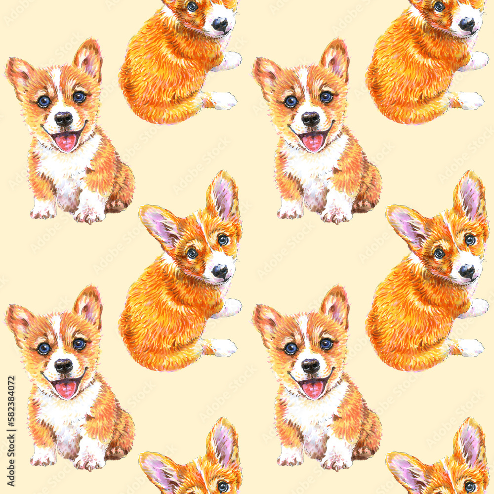 Seamless pattern of hand drawn cute corgi dog character. Drawn by markers illustration. Puppies hand painted on beige background.