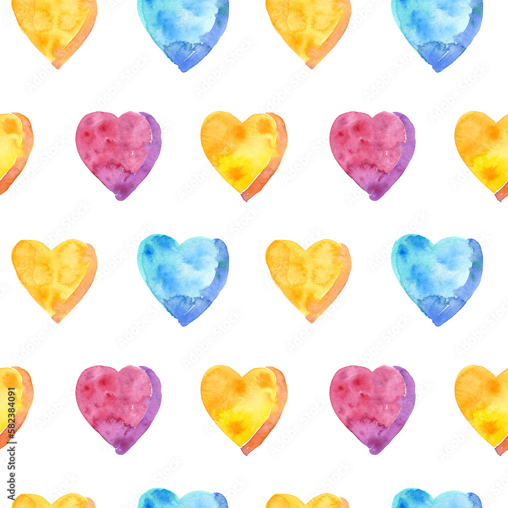 Seamless pattern of watercolor pink, yellow and blue hearts. Hand drawn illustration. Hand painted elements on white background.