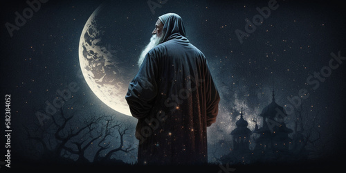 muslim old man praying on a starry and crescent moon moon night. Generated AI