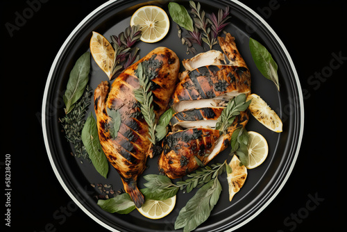 grilled chicken breast and served in a cast-iron skillet with vegetables and herbs. generative AI
