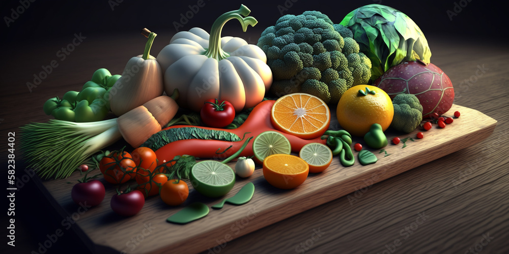 fresh vegetables fruits on wooding board. top view. Generated AI fresh vegetables fruits on wooding board. top view. Generated AI