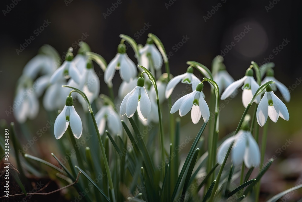 Schneeglöckchen im Frühling - Weiße Blumen auf einer Wiese am Morgen mit Tau - Nahaufnahme Schneeglöckchen im Frühling - Weiße Blumen auf einer Wiese am Morgen mit Tau - Nahaufnahme