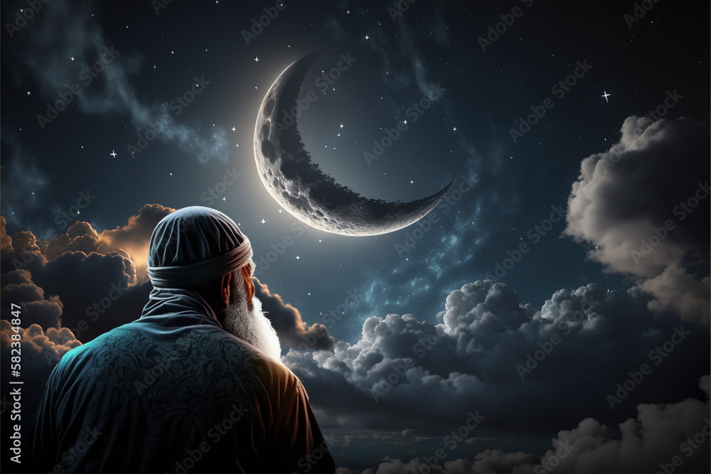 muslim old man praying on a starry and crescent moon moon night. Generated AI - obrazy, fototapety, plakaty 