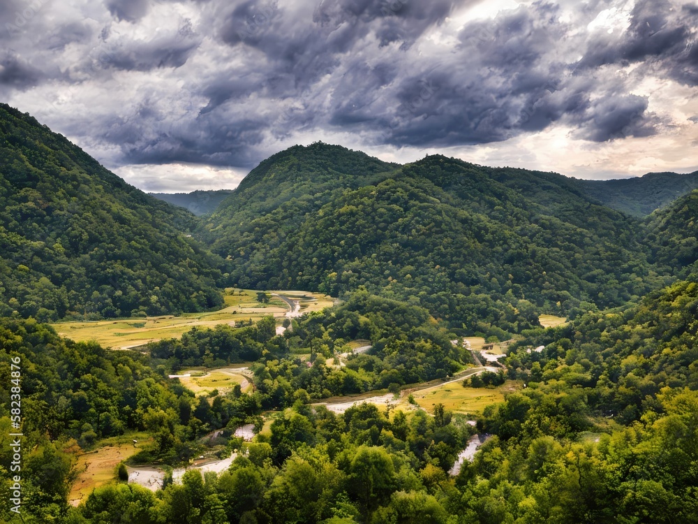 Gorgeous mountain landscape with dark clouds Generative AI