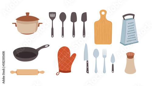 A set of kitchen items on a white background