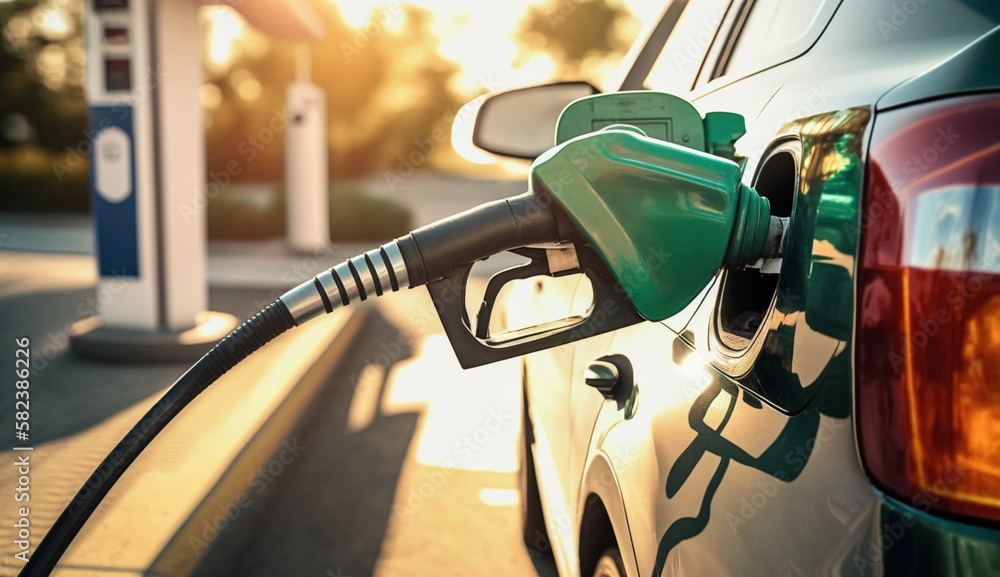 Person fueling the car on the petrol station / gas station. Fuel pump