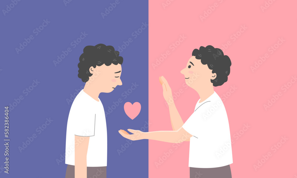 The boy shared his love for himself. Children mental health awareness concept. Flat vector illustration. The boy shared his love for himself. Children mental health awareness concept. Flat vector illustration.