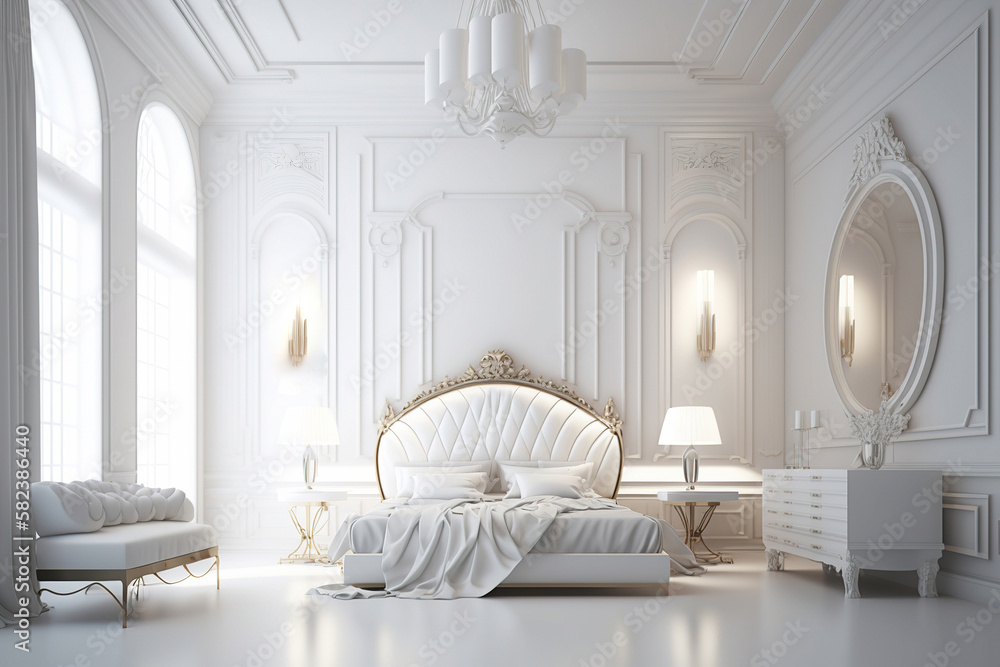 Luxurious white bedroom interior with opulent furnishings in baroque style. Generative AI. Luxurious white bedroom interior with opulent furnishings in baroque style. Generative AI.