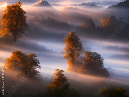 Morning tranquility: sun rays through the mist in breathtaking landscape Generative AI