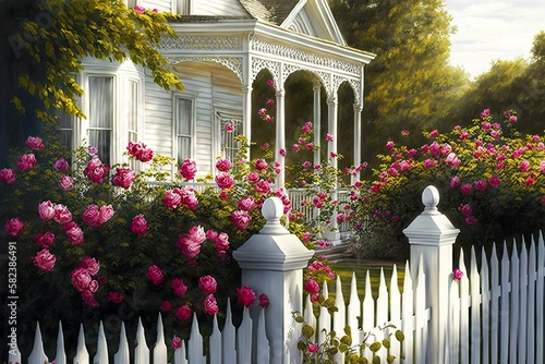 white picket fence enclosing white house wraed around climbing roses, created with generative ai photo