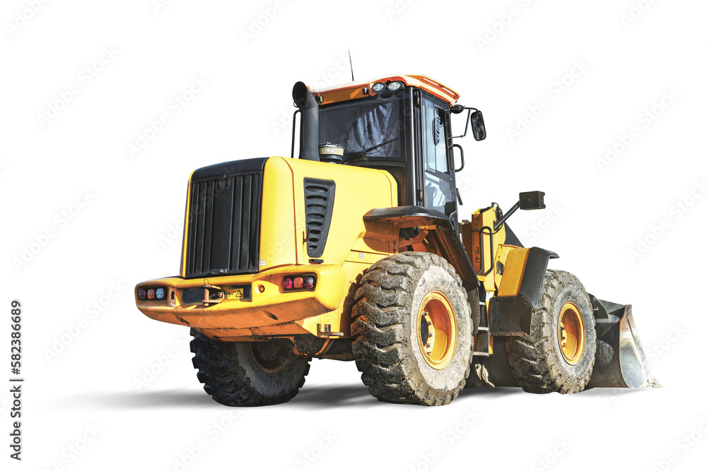 Large wheel loader or bulldozer on a white isolated background. Construction equipment. Element for design. Rental of construction equipment. Contract for construction work. Excavation.