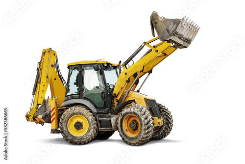 Large wheeled excavator loader or bulldozer on a white isolated background with a bucket raised up. Universal construction equipment. Rental of construction equipment. Contract for construction work.
