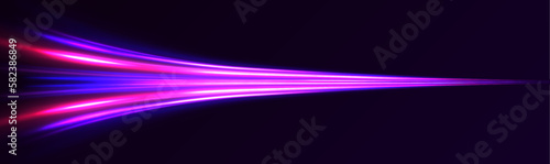 	
Luminous bright background. High speed effect motion blur night lights blue and red. Magic shining neon light line trails. Purple glowing wave swirl, impulse cable lines. Long time exposure. Vector